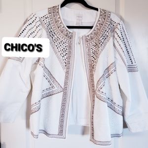 ​Chico's White Embroidered Sequin Topper Jacket Size 1 (M/8) Open Front Boho Art